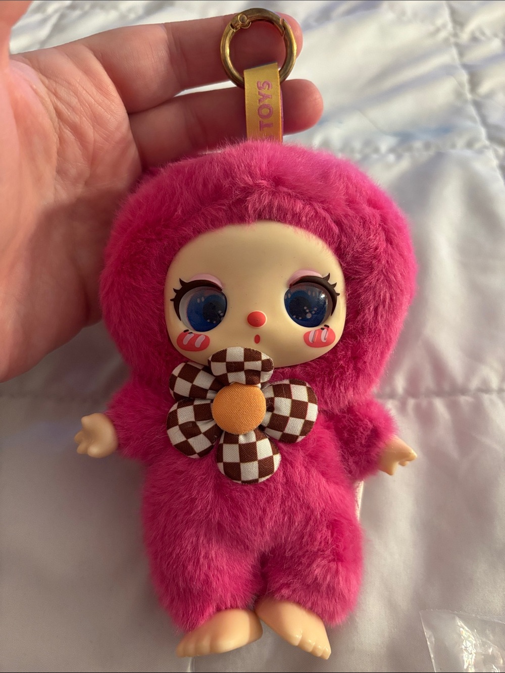 New Source Unknown Hot Pink Plush Keychain Doll with Checkered Flower